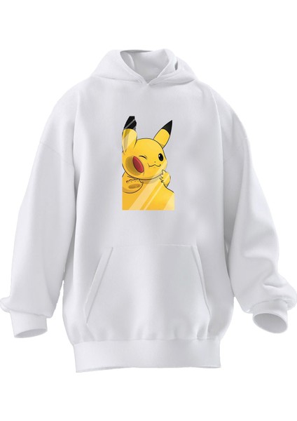 Unisex Premium Pamuk Beyaz Cama Yapışık Pikachu Baskılı 3 Iplik Kapüşonlu Sweatshirt