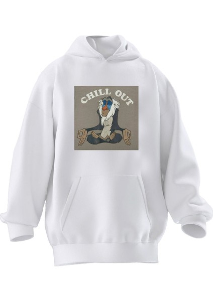 Unisex Premium Pamuk Beyaz Chill Out Baskılı 3 Iplik Kapüşonlu Sweatshirt