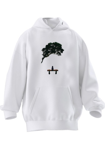Unisex Premium Pamuk Beyaz Çınar Altı Çocuk Baskılı 3 Iplik Kapüşonlu Sweatshirt