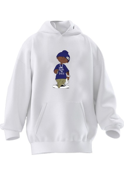 Unisex Premium Pamuk Beyaz Çocuk Mor Baskılı 3 Iplik Kapüşonlu Sweatshirt