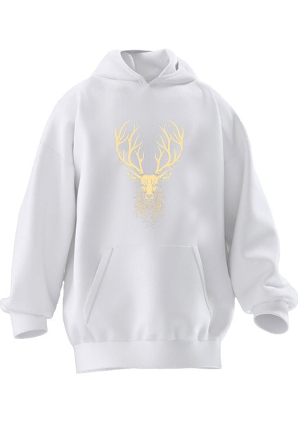 Unisex Premium Pamuk Beyaz Altın Geyik Baskılı 3 Iplik Kapüşonlu Sweatshirt