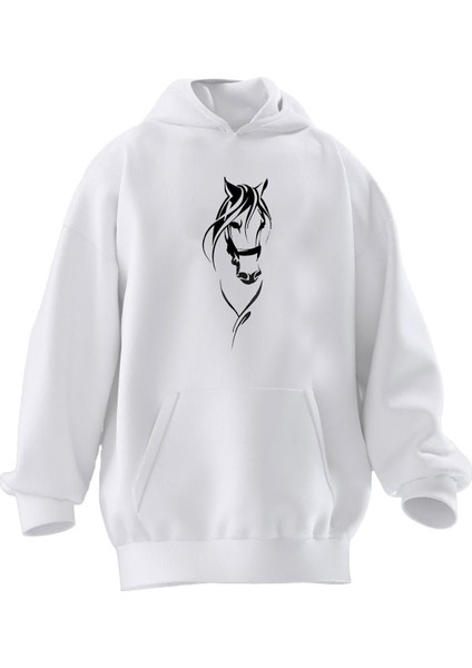 Unisex Premium Pamuk Beyaz At Karakalem Baskılı 3 Iplik Kapüşonlu Sweatshirt