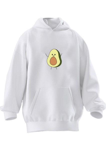 Unisex Premium Pamuk Beyaz Avakado Mutlu Baskılı 3 Iplik Kapüşonlu Sweatshirt