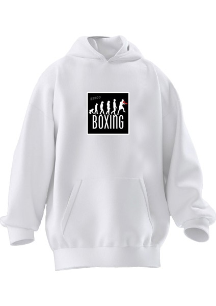Unisex Premium Pamuk Beyaz Boxing Baskılı 3 Iplik Kapüşonlu Sweatshirt