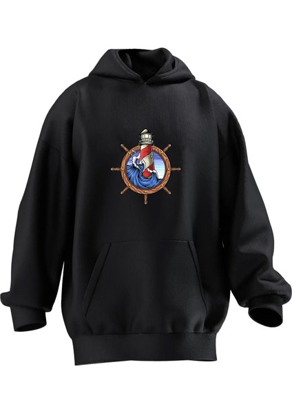 Unisex Premium Pamuk Siyah Gemi Fener Baskılı 3 Iplik Kapüşonlu Sweatshirt