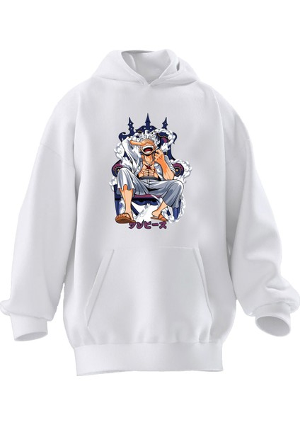 Unisex Premium Pamuk Beyaz Gülen Anime Kral Baskılı 3 Iplik Kapüşonlu Sweatshirt