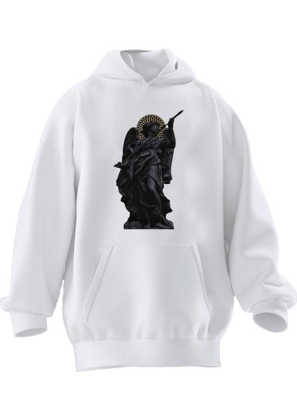 Unisex Premium Pamuk Beyaz Heykel Gitar Baskılı 3 Iplik Kapüşonlu Sweatshirt