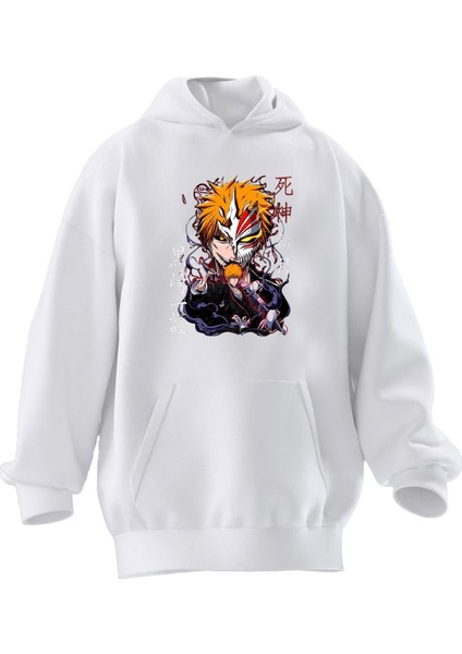 Unisex Premium Pamuk Beyaz Japon Joker Baskılı 3 Iplik Kapüşonlu Sweatshirt