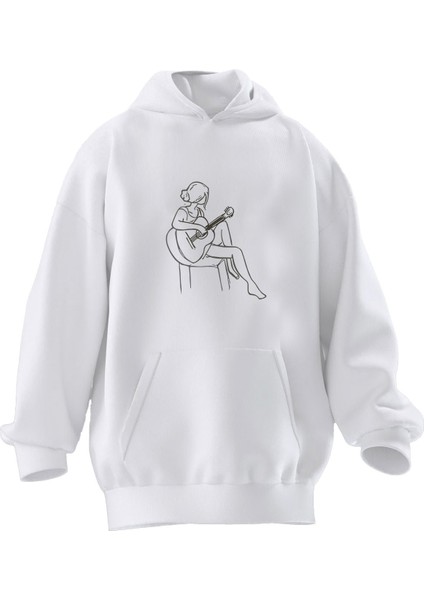 Unisex Premium Pamuk Beyaz Karakalem Gitarcı Kız Baskılı 3 Iplik Kapüşonlu Sweatshirt