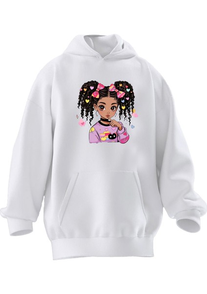 Unisex Premium Pamuk Beyaz Kıvırcık Saçlı Kız Baskılı 3 Iplik Kapüşonlu Sweatshirt