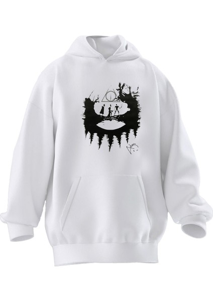 Unisex Premium Pamuk Beyaz Kızılderili Kabilesi Baskılı 3 Iplik Kapüşonlu Sweatshirt