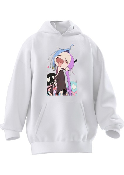 Unisex Premium Pamuk Beyaz Mor Mavi Saçlı Anime Kız Baskılı 3 Iplik Kapüşonlu Sweatshirt