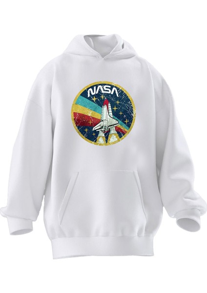 Unisex Premium Pamuk Beyaz Nasa Araç Baskılı 3 Iplik Kapüşonlu Sweatshirt