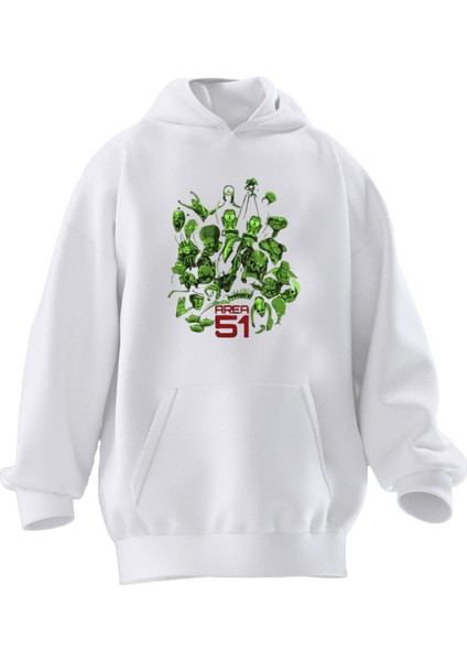 Unisex Premium Pamuk Beyaz Area Yeşil Baskılı 3 Iplik Kapüşonlu Sweatshirt