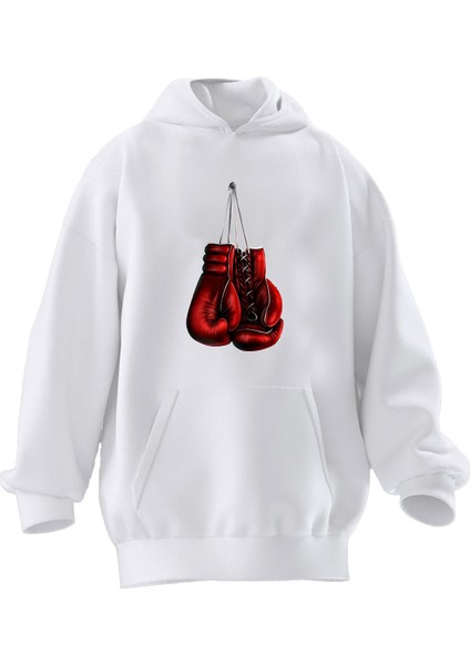 Unisex Premium Pamuk Beyaz Boks Eldiveni Kırmızı Baskılı 3 Iplik Kapüşonlu Sweatshirt