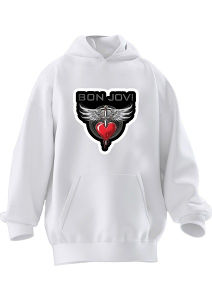 Unisex Premium Pamuk Beyaz Bon Jov Baskılı 3 Iplik Kapüşonlu Sweatshirt
