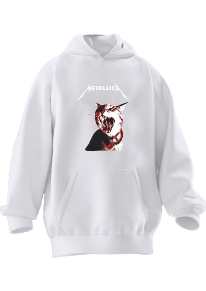 Unisex Premium Pamuk Beyaz Cat Metallica Baskılı 3 Iplik Kapüşonlu Sweatshirt