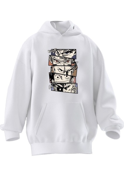 Unisex Premium Pamuk Beyaz Anime Karakterler Gözleri Baskılı 3 Iplik Kapüşonlu Sweatshirt