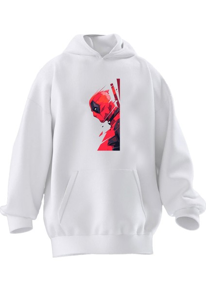 Unisex Premium Pamuk Beyaz Hızlı Deadpool Baskılı 3 Iplik Kapüşonlu Sweatshirt
