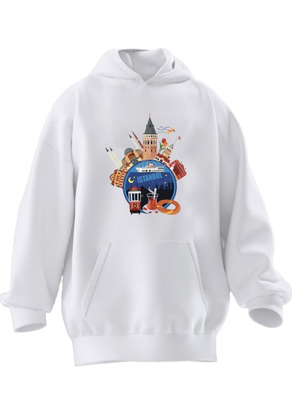 Unisex Premium Pamuk Beyaz Istanbul Poster Çizim Baskılı 3 Iplik Kapüşonlu Sweatshirt