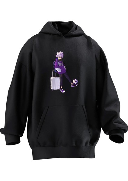 Unisex Premium Pamuk Siyah Morlu Anime Baskılı 3 Iplik Kapüşonlu Sweatshirt