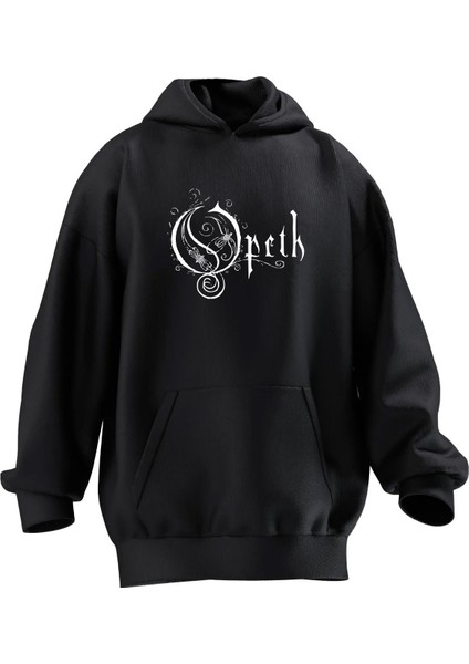 Unisex Premium Pamuk Siyah Opeth Yazı Baskılı 3 Iplik Kapüşonlu Sweatshirt