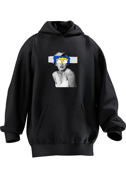 Unisex Premium Pamuk Siyah Sipson Göz Kadın Baskılı 3 Iplik Kapüşonlu Sweatshirt