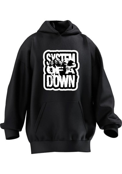Unisex Premium Pamuk Siyah System Of Down Baskılı 3 Iplik Kapüşonlu Sweatshirt
