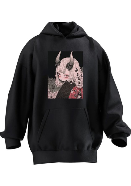 Unisex Premium Pamuk Siyah Unicorn Anime Kız Baskılı 3 Iplik Kapüşonlu Sweatshirt