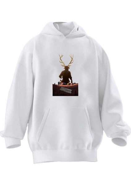 Unisex Premium Pamuk Beyaz Arthur Morgan Geyik Baskılı 3 Iplik Kapüşonlu Sweatshirt