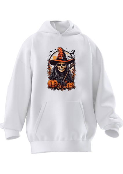 Unisex Premium Pamuk Beyaz Cadı Kurukafa Balkabağı Baskılı 3 Iplik Kapüşonlu Sweatshirt