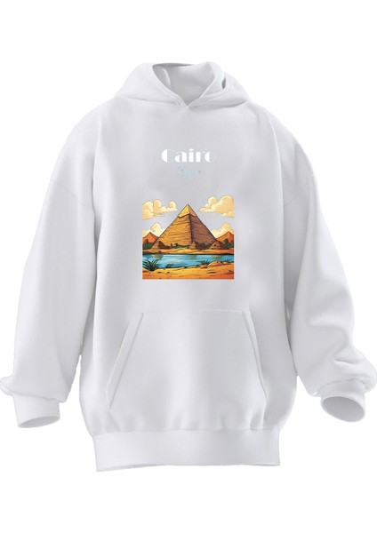 Unisex Premium Pamuk Beyaz Caire Mısır Baskılı 3 Iplik Kapüşonlu Sweatshirt