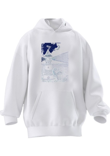 Unisex Premium Pamuk Beyaz Fener Hilal Baskılı 3 Iplik Kapüşonlu Sweatshirt