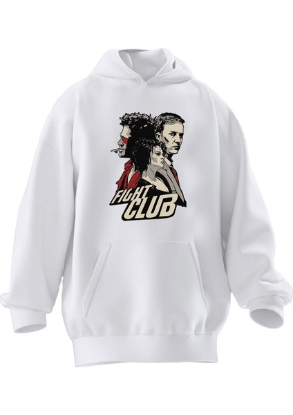 Unisex Premium Pamuk Beyaz Fight Club Poster Baskılı 3 Iplik Kapüşonlu Sweatshirt