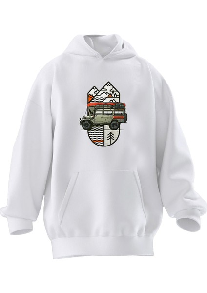 Unisex Premium Pamuk Beyaz Kampçı Jip Baskılı 3 Iplik Kapüşonlu Sweatshirt