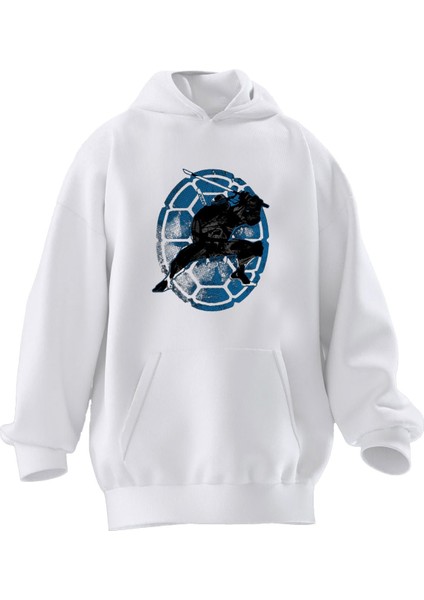 Unisex Premium Pamuk Beyaz Kaplumbağa Kalkan Baskılı 3 Iplik Kapüşonlu Sweatshirt