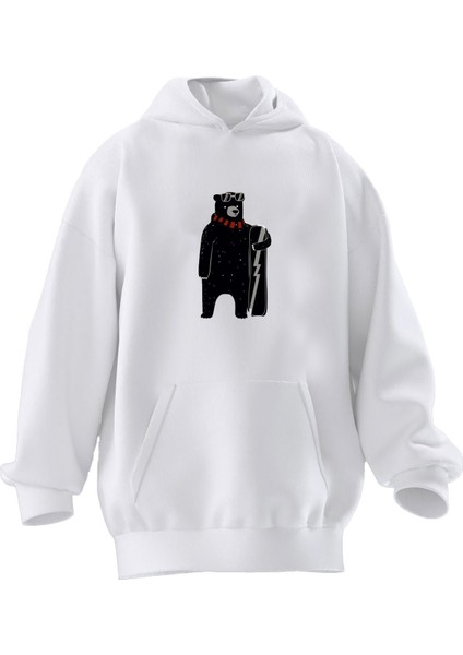 Unisex Premium Pamuk Beyaz Kaykaylı Ayı Baskılı 3 Iplik Kapüşonlu Sweatshirt