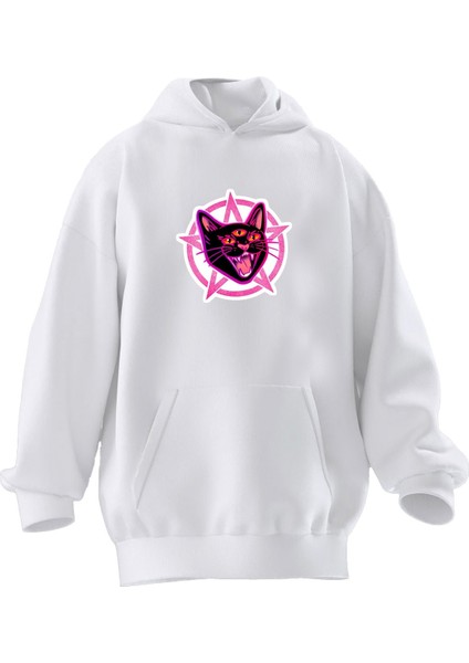 Unisex Premium Pamuk Beyaz Kedi Üç Gözlü Baskılı 3 Iplik Kapüşonlu Sweatshirt