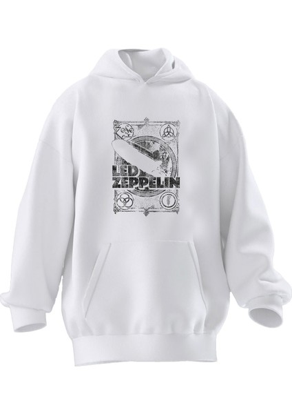 Unisex Premium Pamuk Beyaz LED Zeppelin Poster Baskılı 3 Iplik Kapüşonlu Sweatshirt