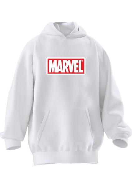 Unisex Premium Pamuk Beyaz Marvel Baskılı 3 Iplik Kapüşonlu Sweatshirt