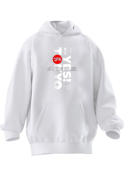 Unisex Premium Pamuk Beyaz Yes Tokyo Baskılı 3 Iplik Kapüşonlu Sweatshirt