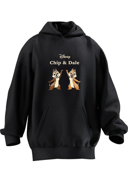 Unisex Premium Pamuk Siyah Chip And Dale Baskılı 3 Iplik Kapüşonlu Sweatshirt
