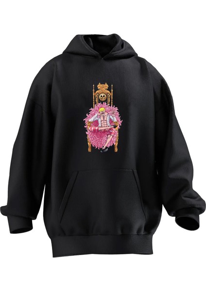 Unisex Premium Pamuk Siyah Pembe Kral Baskılı 3 Iplik Kapüşonlu Sweatshirt