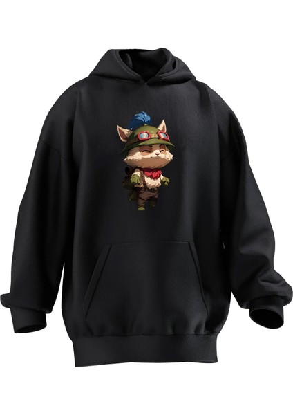 Unisex Premium Pamuk Siyah Teemo Lol Baskılı 3 Iplik Kapüşonlu Sweatshirt