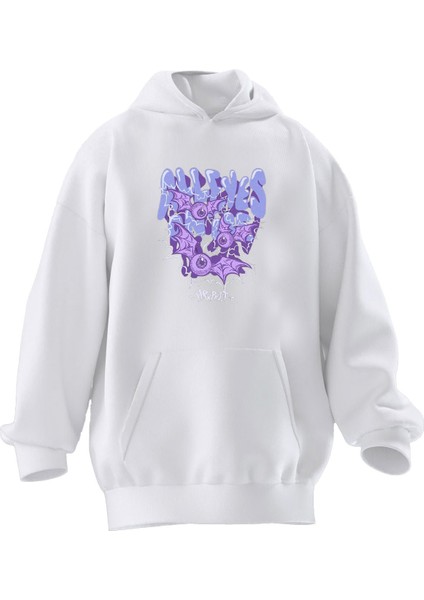 Unisex Premium Pamuk Beyaz All Eys Baskılı 3 Iplik Kapüşonlu Sweatshirt