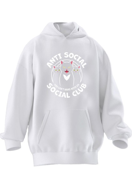 Unisex Premium Pamuk Beyaz Anti Social Kedi Baskılı 3 Iplik Kapüşonlu Sweatshirt