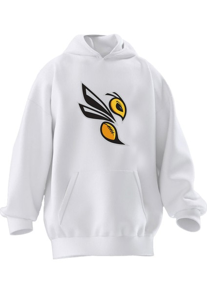 Unisex Premium Pamuk Beyaz Arı Deseni Baskılı 3 Iplik Kapüşonlu Sweatshirt