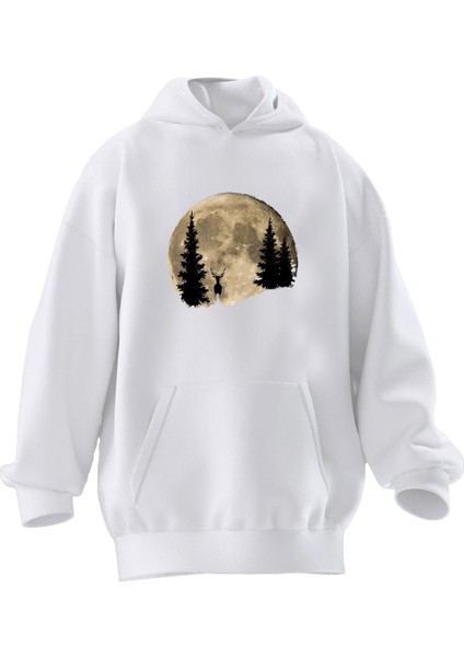 Unisex Premium Pamuk Beyaz Dolunay Çam Geyik Baskılı 3 Iplik Kapüşonlu Sweatshirt