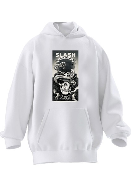 Unisex Premium Pamuk Beyaz Slash Kurukafa Baskılı 3 Iplik Kapüşonlu Sweatshirt