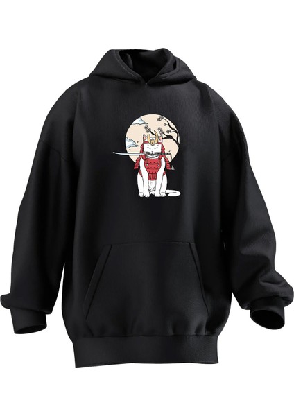 Unisex Premium Pamuk Siyah Kılıçlı Kedi Baskılı 3 Iplik Kapüşonlu Sweatshirt